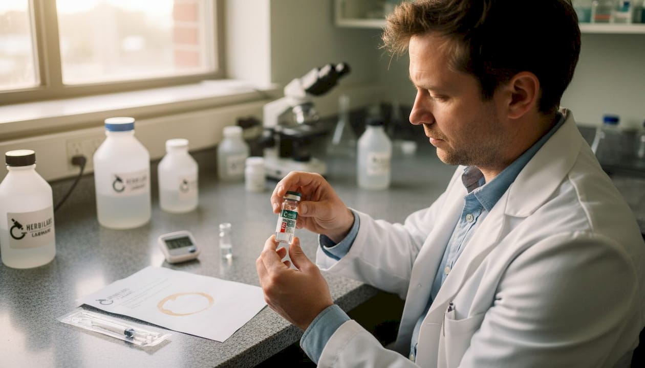Eine Wissenschaftlerin löst vorsichtig ein Pulver in einem Reagenzglas auf.