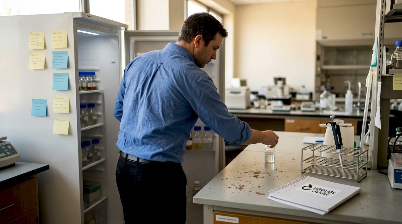 Glass lab bottles stored in laboratory fridge