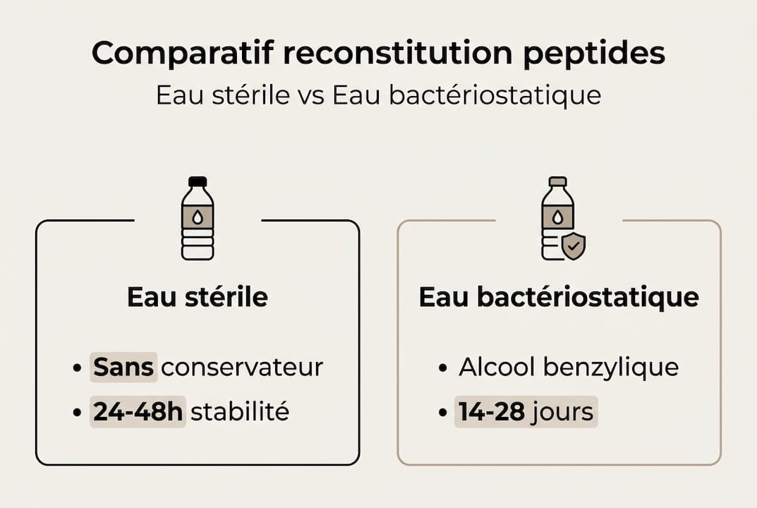 Infographie : différences entre eau stérile et eau bactériostatique
