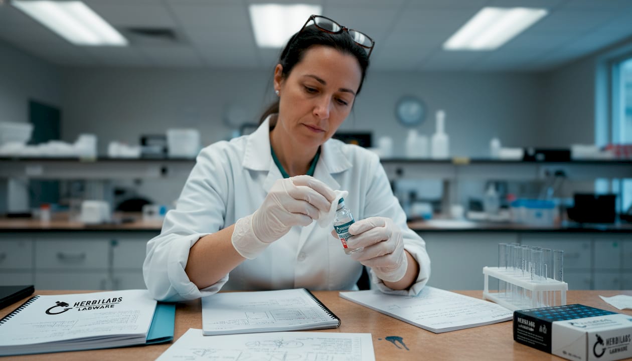 Une chercheuse prépare et manipule une solution stérile sous hotte au laboratoire.