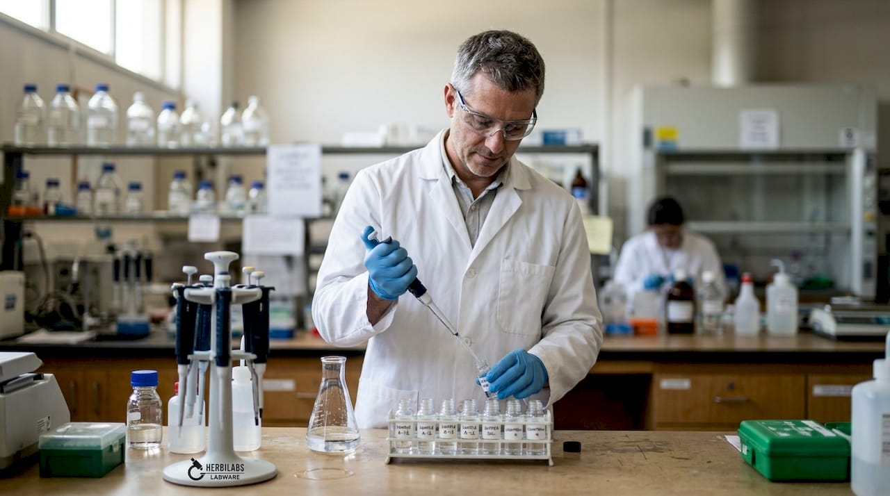 Scientist pipetting solution with lab safety gear