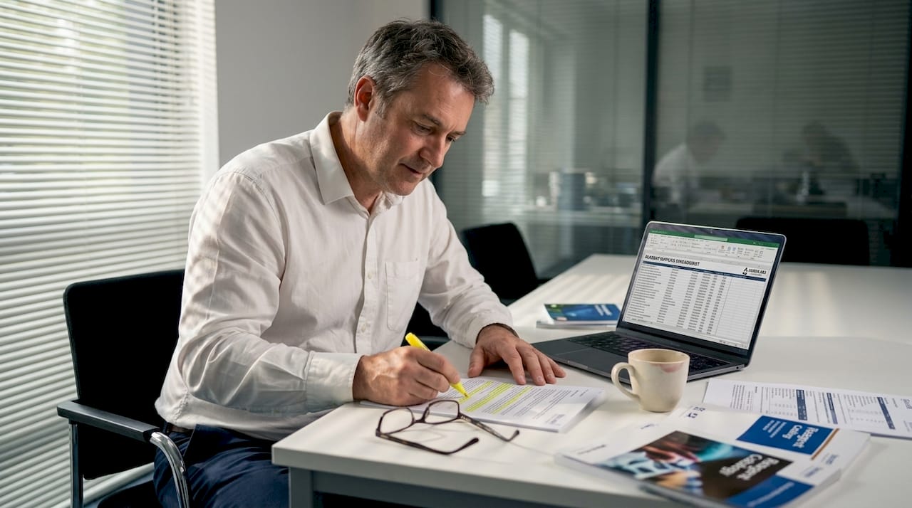 Scientist reviewing reagent compliance paperwork