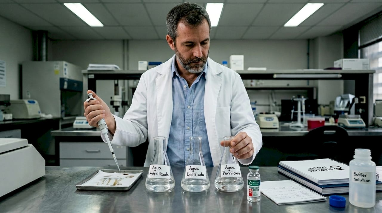 Investigador analiza y compara diferentes tipos de agua utilizada en el laboratorio.