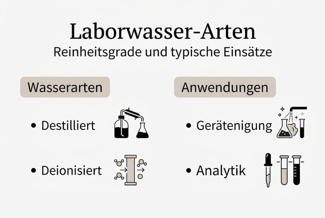 Die Infografik gibt einen Überblick über verschiedene Arten von Laborwasser und ihre Einsatzbereiche.