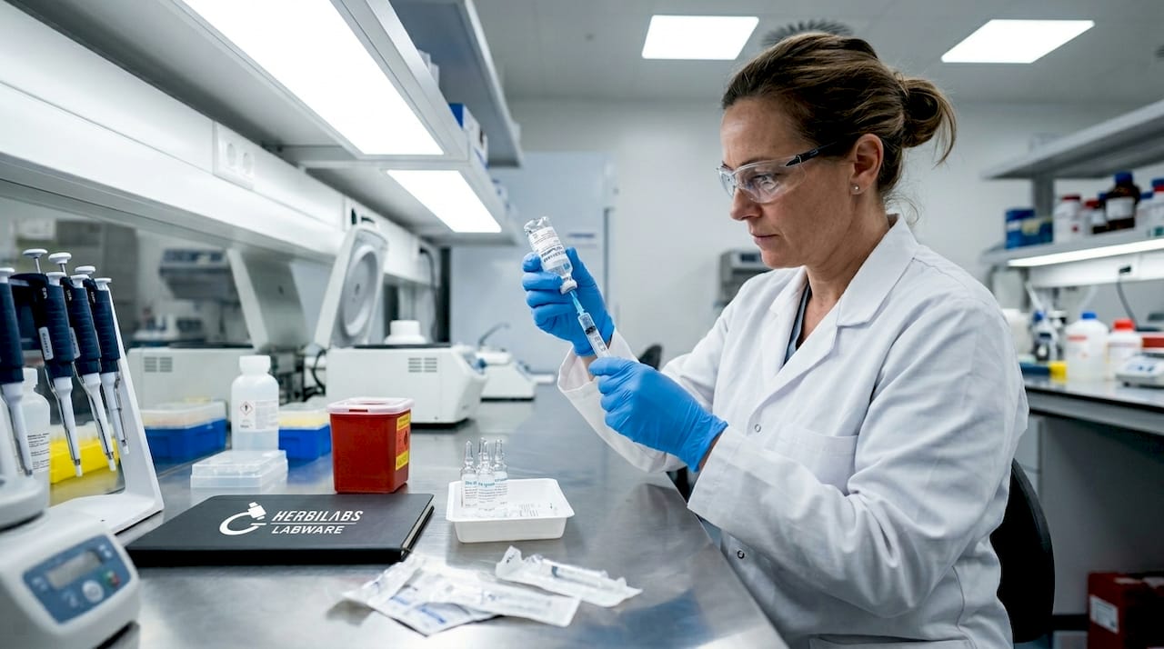 Un technicien de laboratoire prélève de l’eau stérile à partir d’une ampoule.