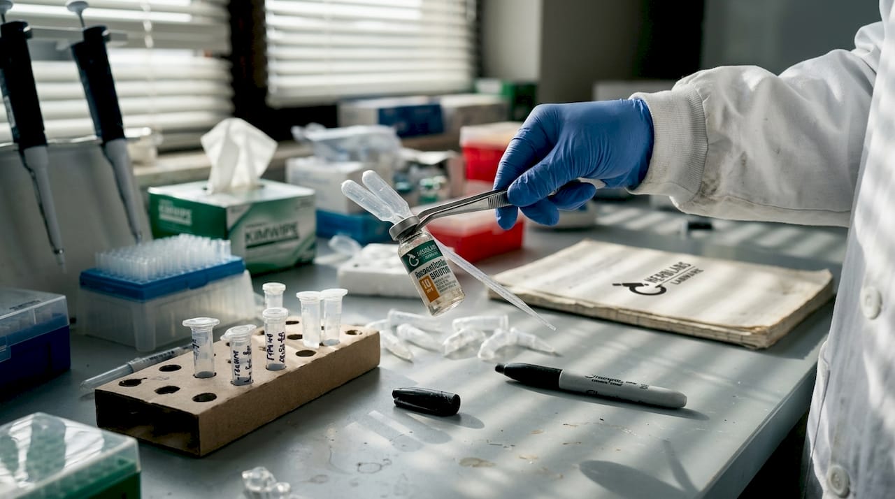 Researcher handling glass vial and pipette