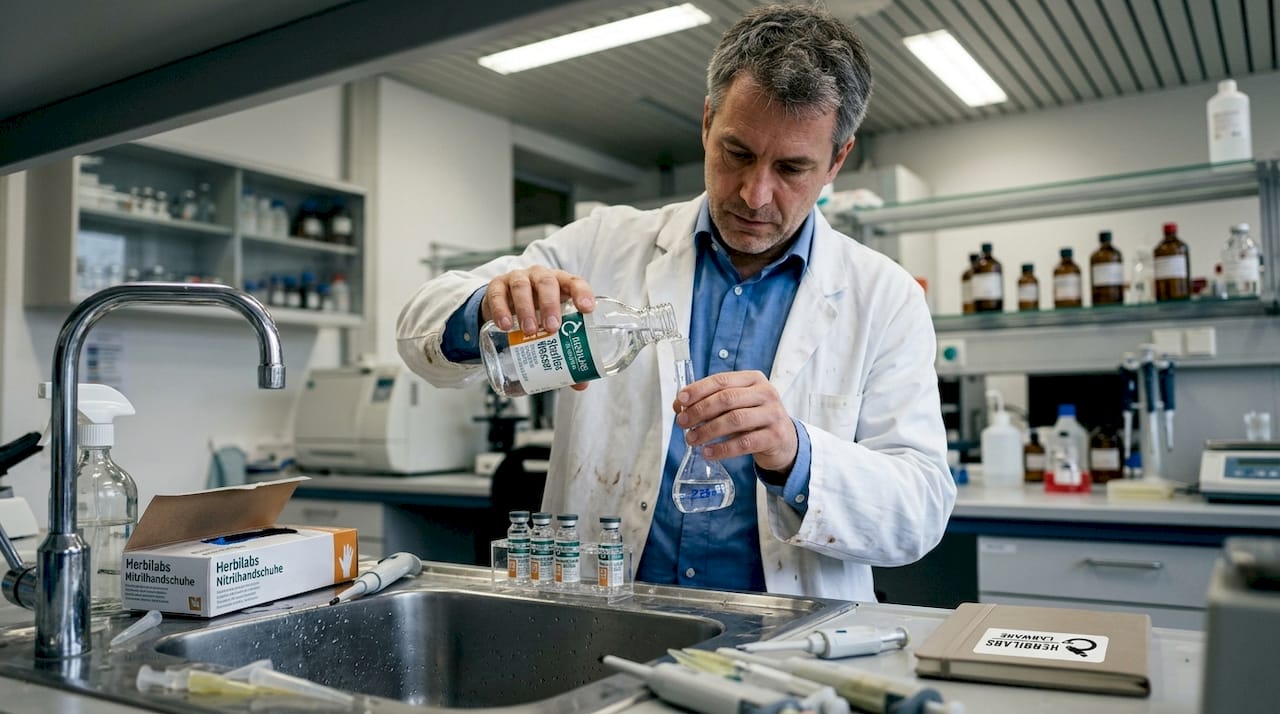 Eine Wissenschaftlerin bereitet am Laborspülbecken eine sterile Wasserlösung vor.