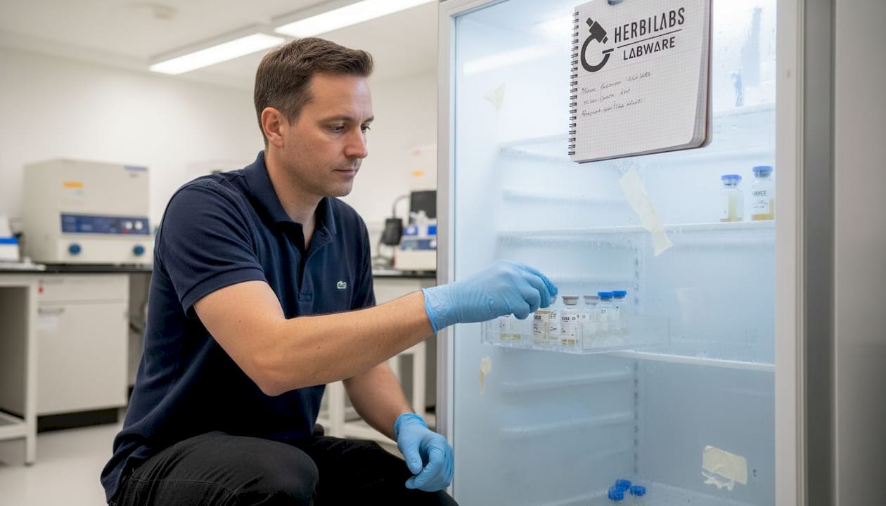 Eine Wissenschaftlerin stellt Probenröhrchen mit Peptiden zur Lagerung in den Laborkühlschrank.