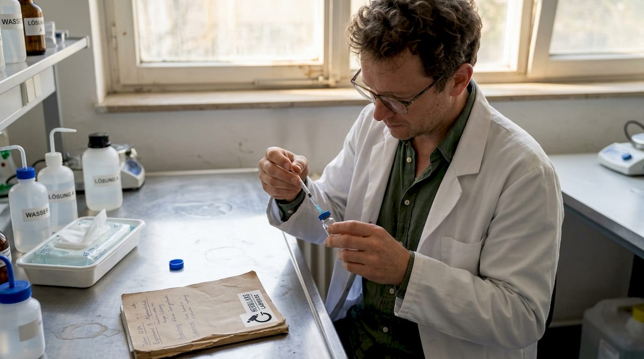 Eine Wissenschaftlerin entnimmt mit einer Spritze eine Probe aus einem Peptid-Fläschchen.