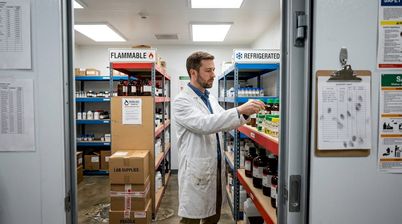 Technician organizing consumables by storage zone