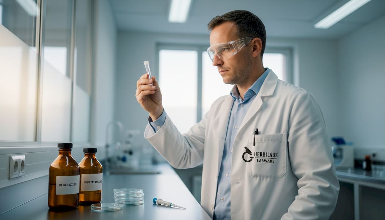 Ein Wissenschaftler überprüft, wie klar die Flüssigkeit im Zentrifugenröhrchen ist.