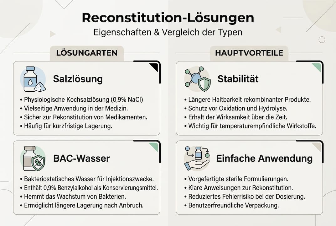 Infografik: Reconstitution-Lösungen im Überblick – Eigenschaften und Vorteile auf einen Blick