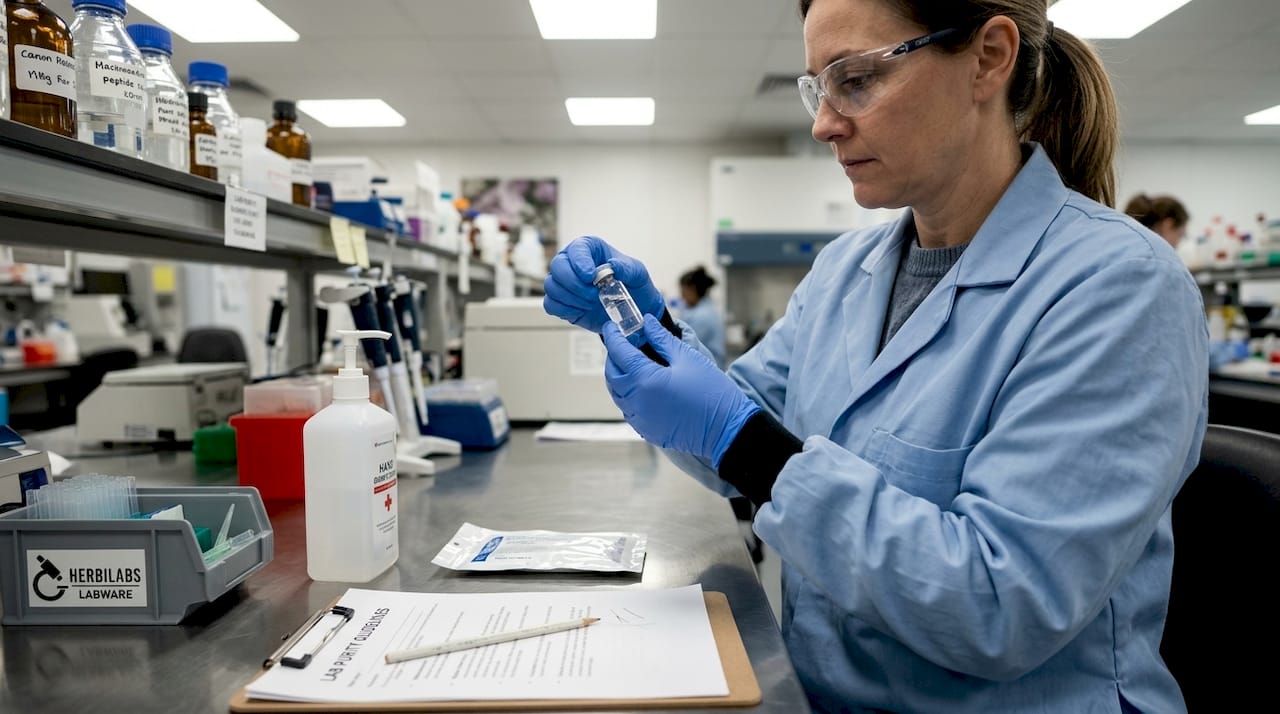 Lab technician handling peptide solution in shared workspace