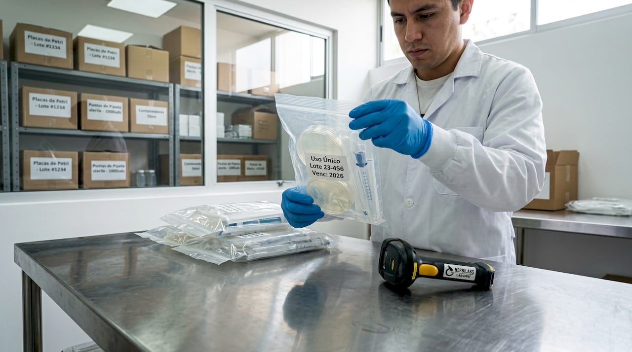 Un especialista revisa el material esterilizado que se utilizará en el laboratorio.