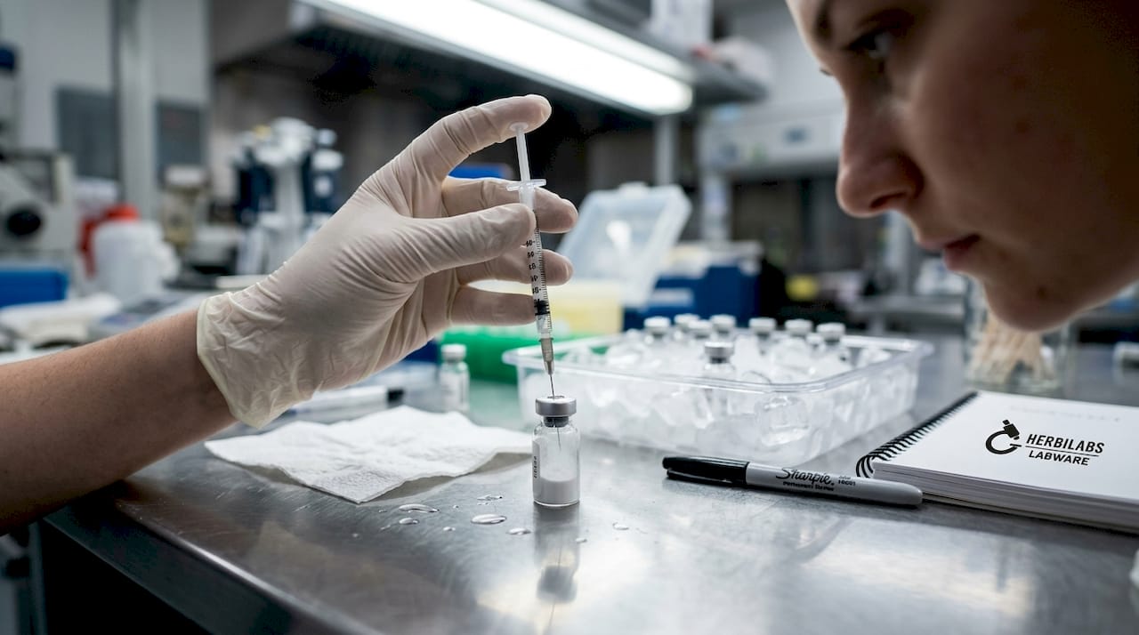 Un technicien manipule une seringue à faible volume mort lors de ses travaux en laboratoire.
