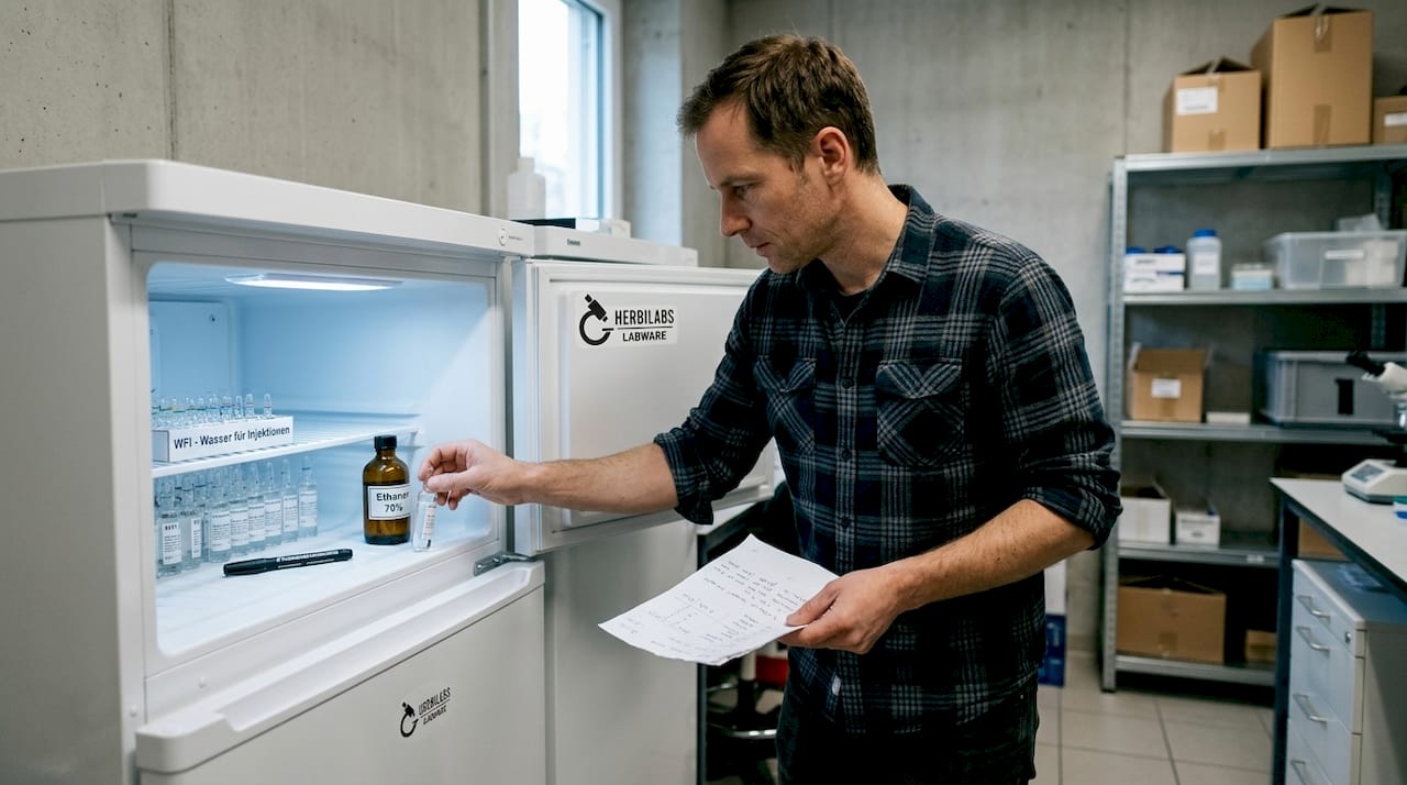 Ein Wissenschaftler kontrolliert im Labor die Wasserproben im Kühlschrank.