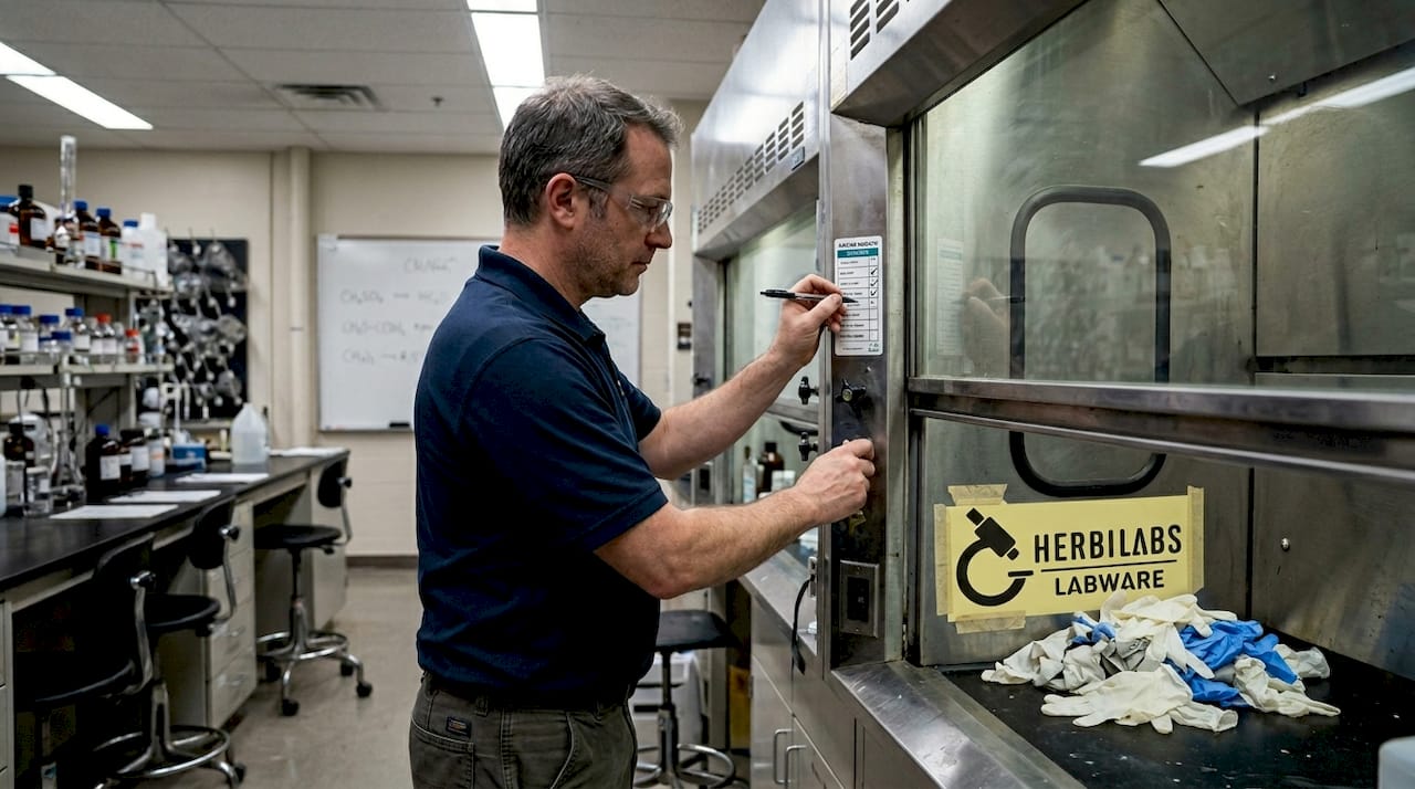 Technician inspecting lab fume hood airflow