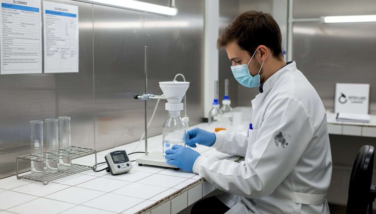 Scientist conducts membrane filtration sterility test