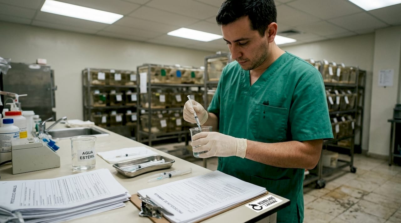 Técnico de laboratorio preparando agua estéril para uso parenteral