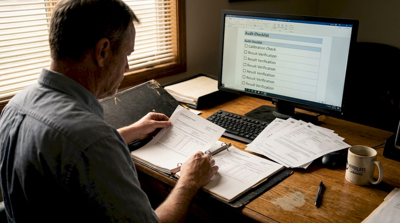 Lab manager organizing QC documentation desk