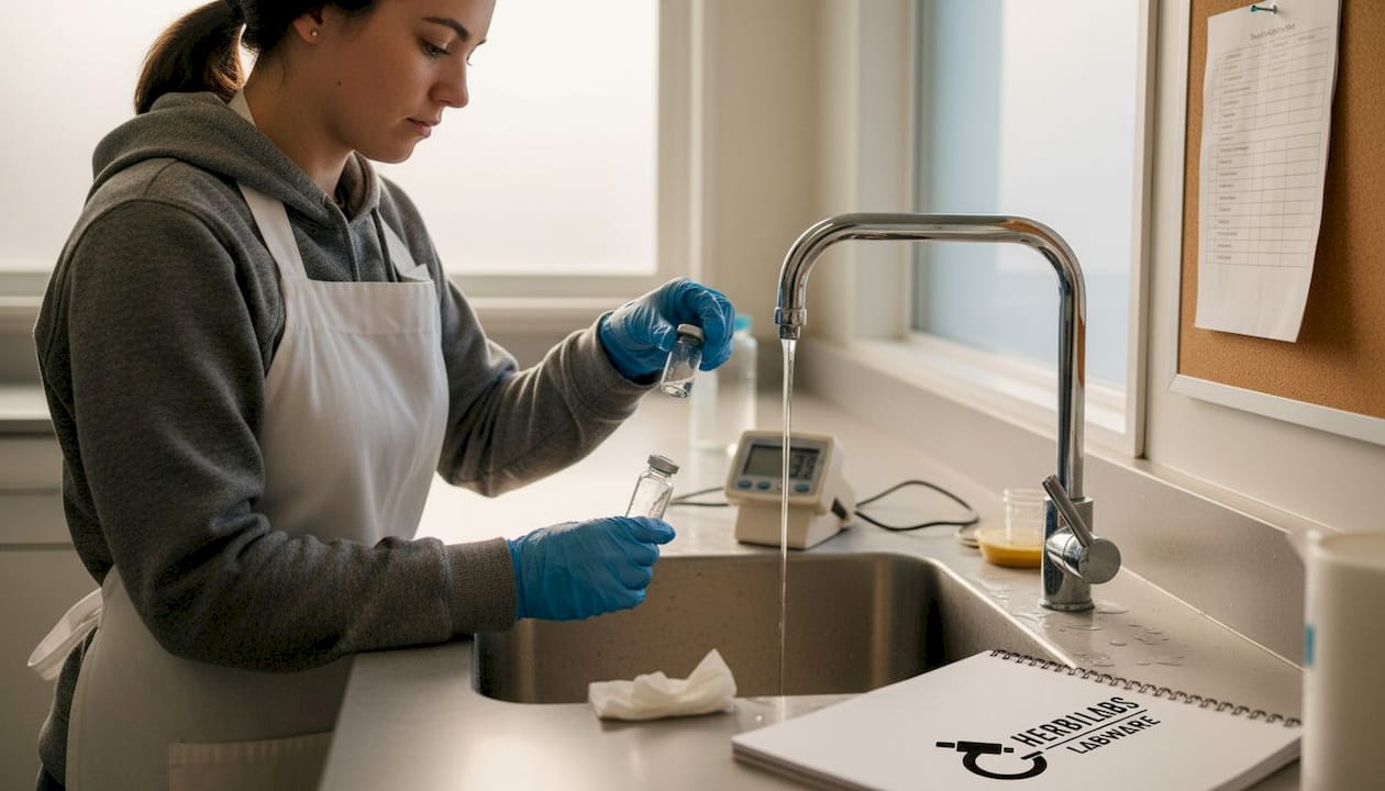 Technician performing lab water quality testing