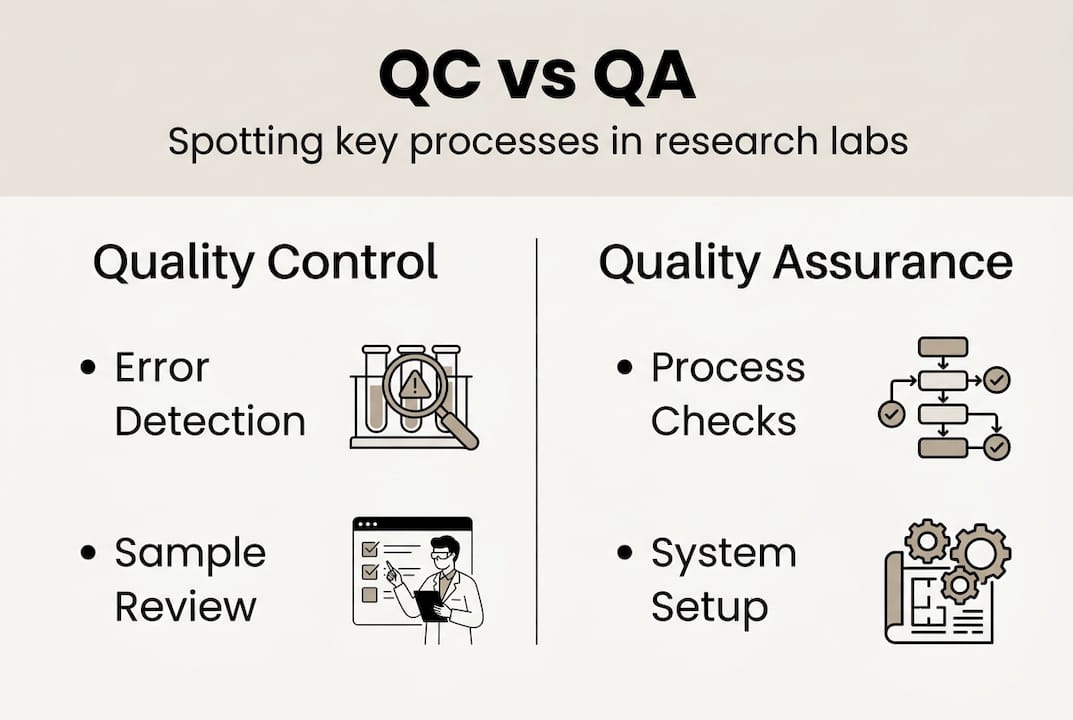 Infographic comparing QC and QA in research