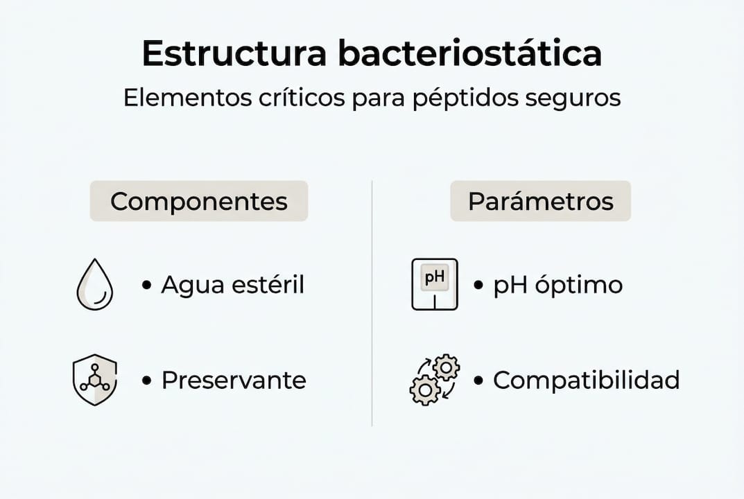 Infografía que ilustra la composición y funcionamiento de una solución bacteriostática.