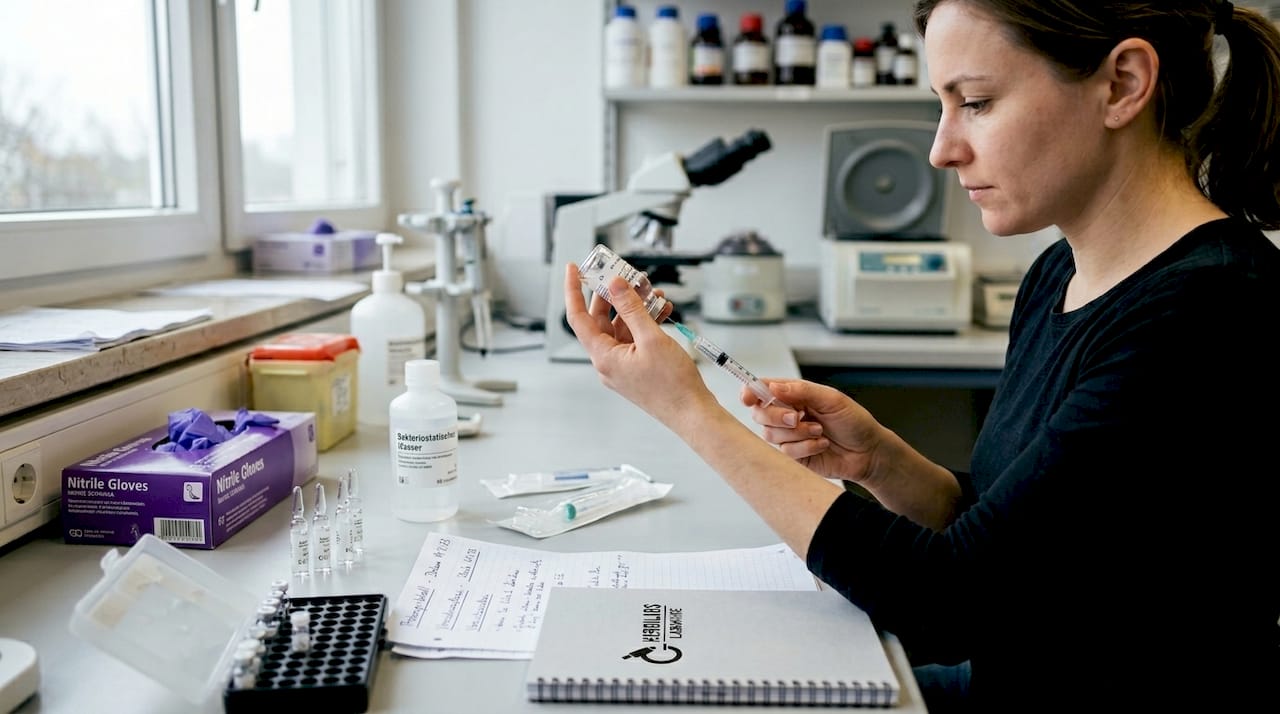 Eine Laborassistentin stellt bakteriostatisches Wasser für den weiteren Gebrauch her.