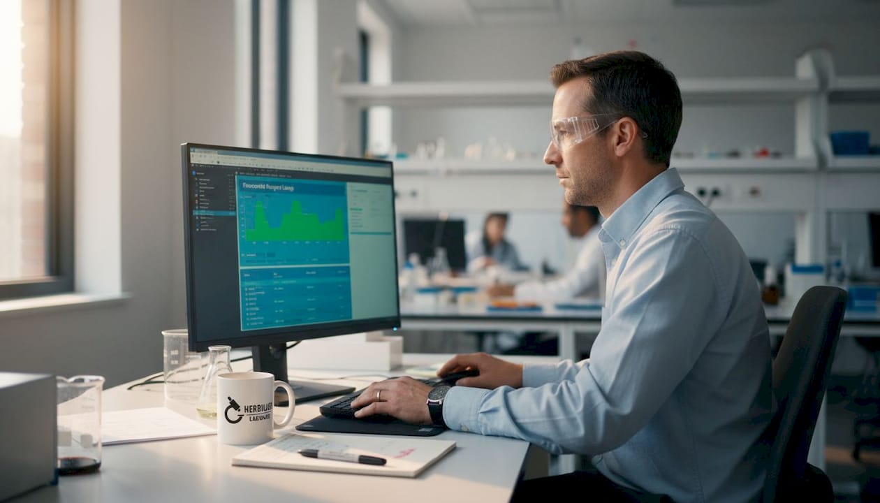 Scientist reviewing reagent supply forecast dashboard