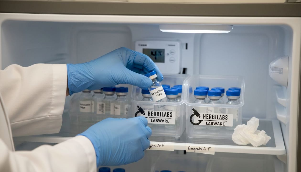 Bacteriostatic water vial being stored in lab fridge