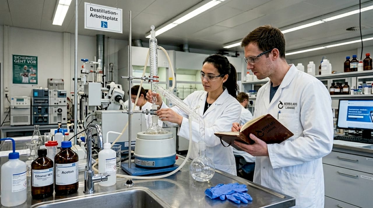 Im Labor überwachen Wissenschaftler den Prozess der Wasser-Destillation und achten dabei genau auf die einzelnen Schritte.