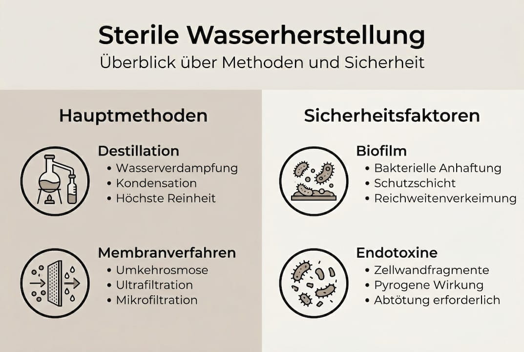 Infografik: Verfahren und Sicherheitsaspekte bei der Herstellung von sterilem Wasser