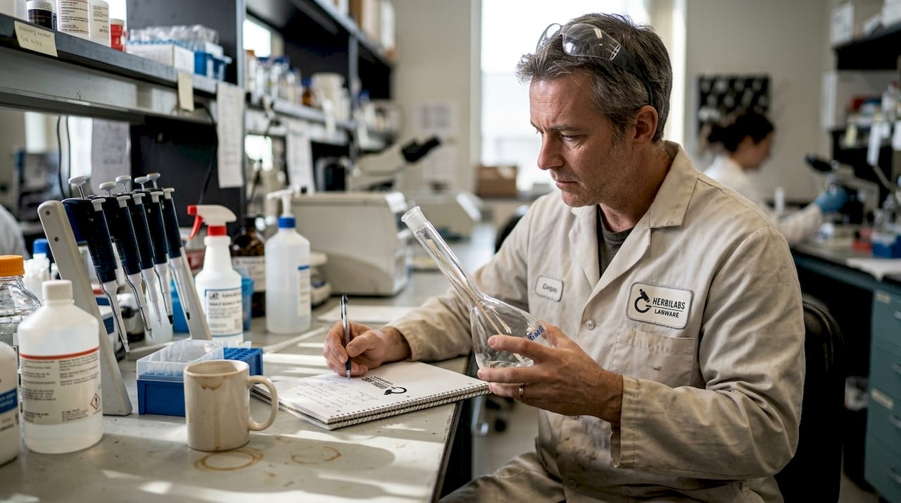 Scientist performing labware residue test