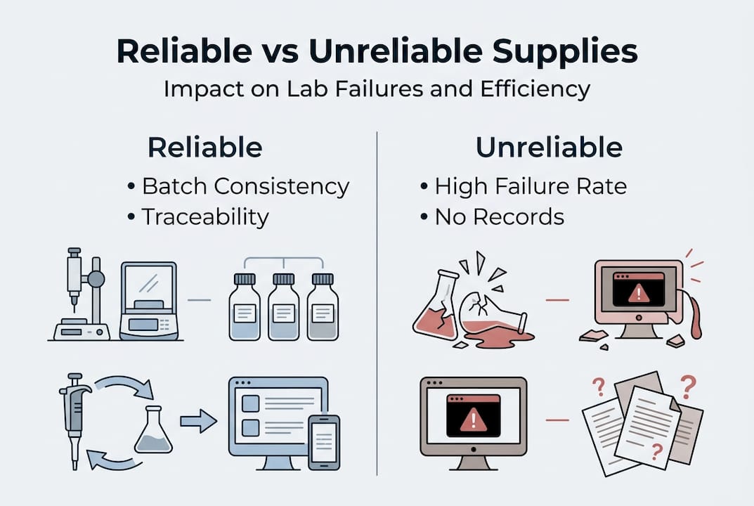 Infographic comparing reliable and unreliable lab supplies