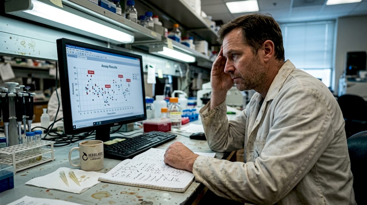 Scientist reviewing failed assay results on screen