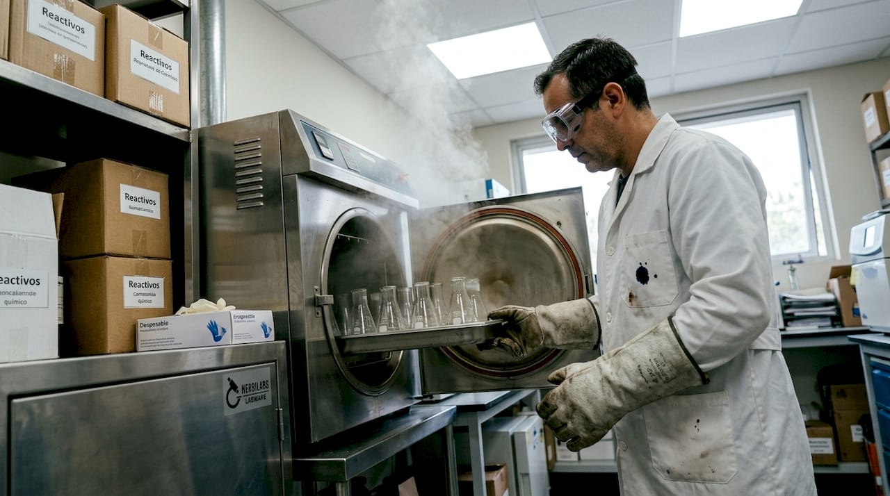 Un técnico prepara y utiliza el autoclave para asegurar la esterilización de los frascos.