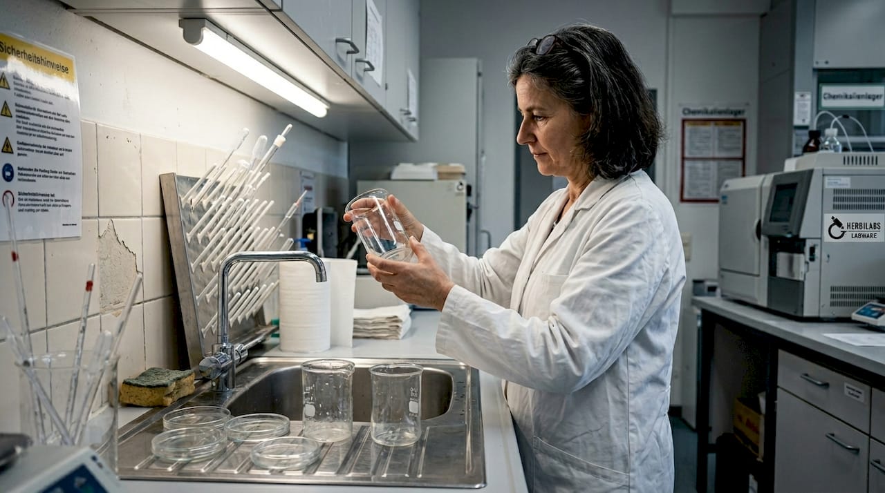 Eine Wissenschaftlerin prüft, ob in den Laborbehältern Rückstände zurückgeblieben sind.