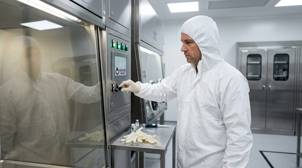 Operator interacting with RABS system in cleanroom