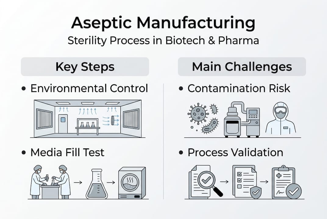 Infographic illustrates aseptic manufacturing steps and challenges