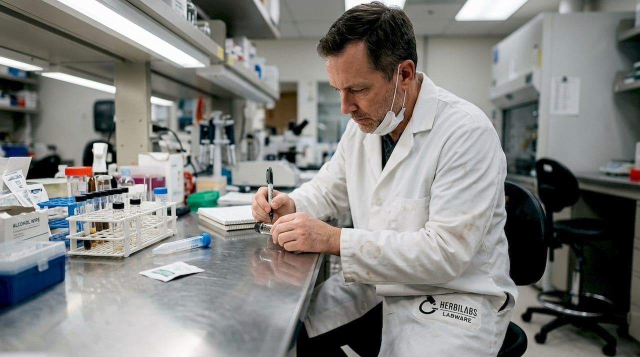 Scientist dating vial at lab bench to prevent contamination