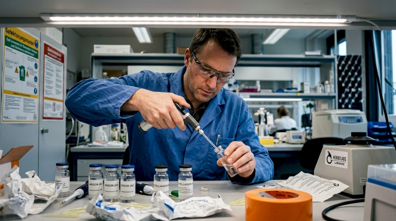 Für die Aufbewahrung von Peptiden setzt der Wissenschaftler ein inertes Gas ein, um ihre Stabilität zu gewährleisten.