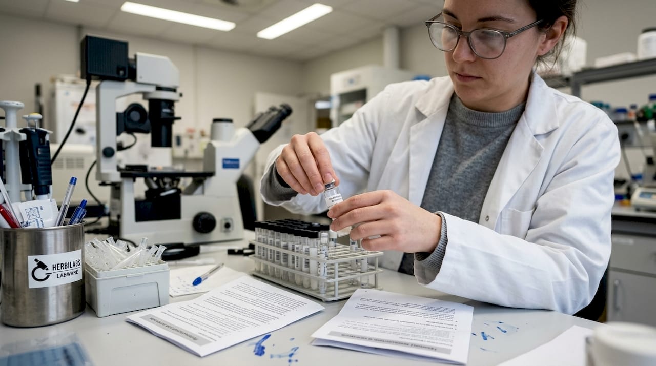 Scientifique spécialisée dans la reconstitution de peptides à l’aide d’eau stérile