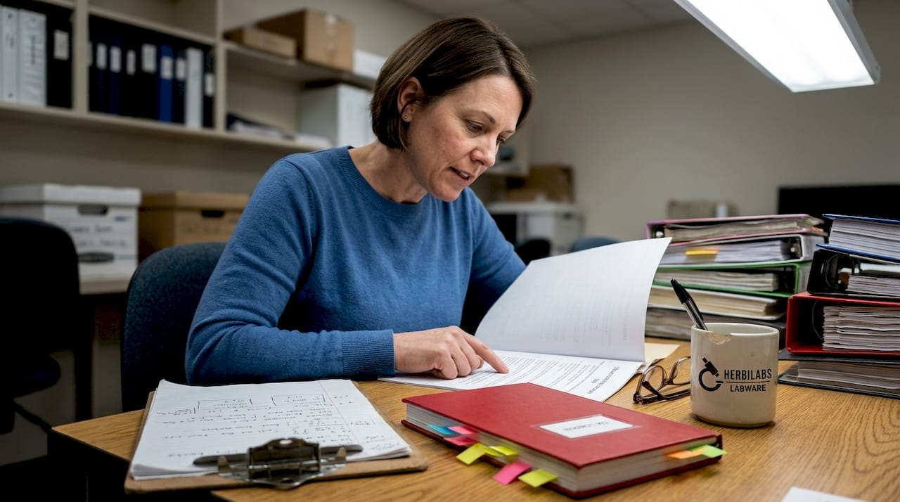 Lab manager reviews standard QC documentation