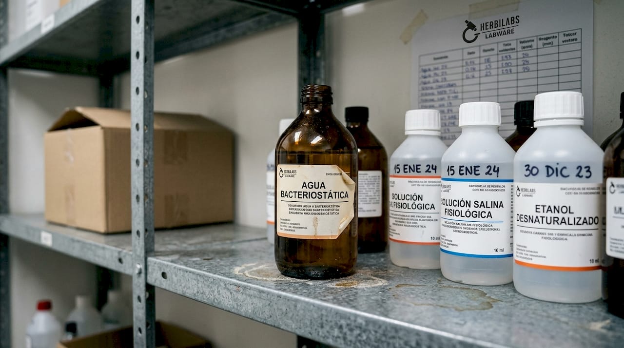 Botes de agua bacteriostática colocados en una repisa del laboratorio