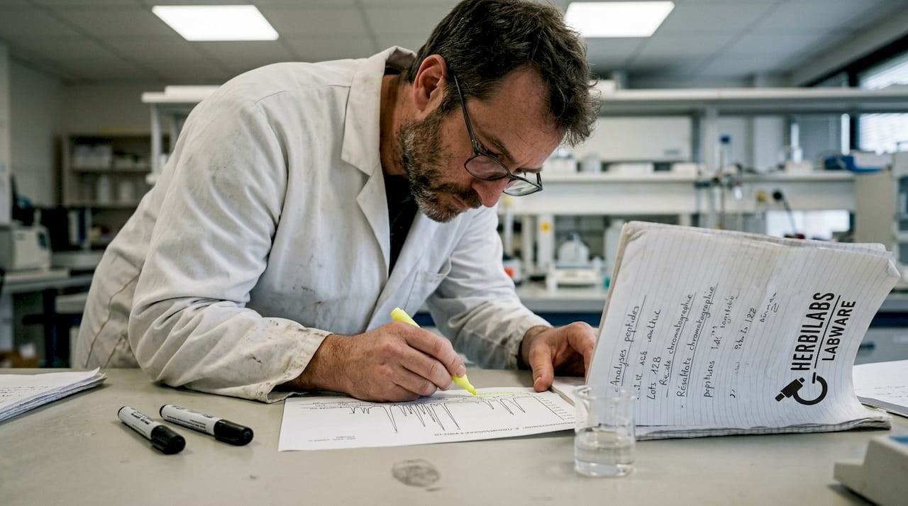 Un chercheur note le taux de pureté d’un peptide sur un rapport d’analyse.