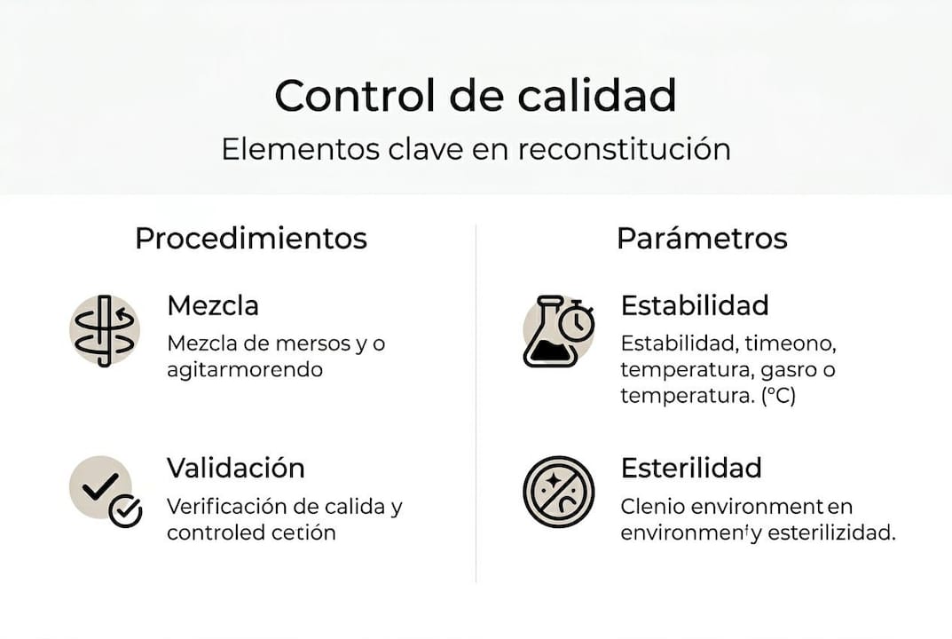 Infografía que destaca los aspectos esenciales para garantizar la calidad durante la reconstitución.