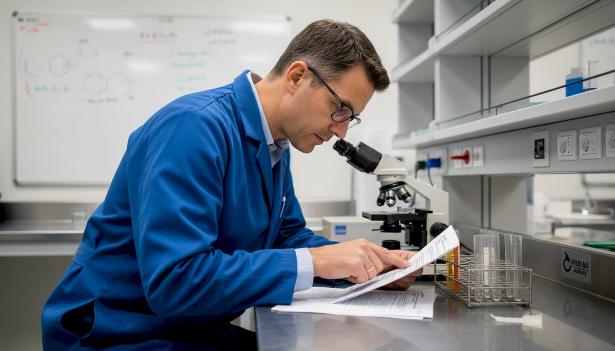 Scientist inspecting test tubes and batch records