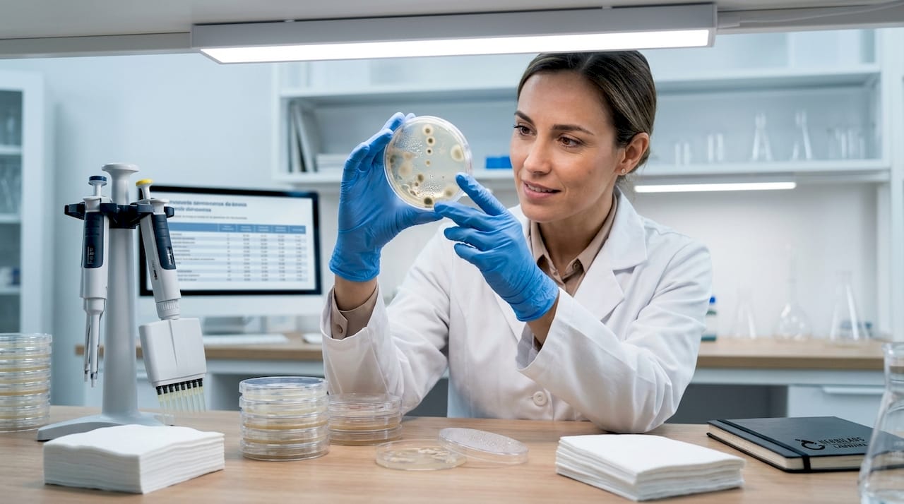 Una mano enguantada examina cuidadosamente una placa de Petri en busca de microorganismos.
