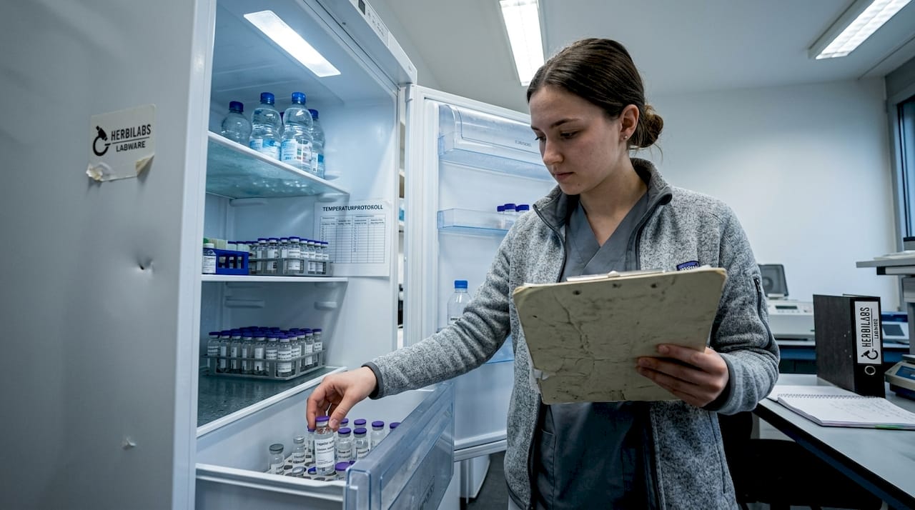 Eine Wissenschaftlerin stellt Peptidlösungen zur Lagerung in den Kühlschrank.
