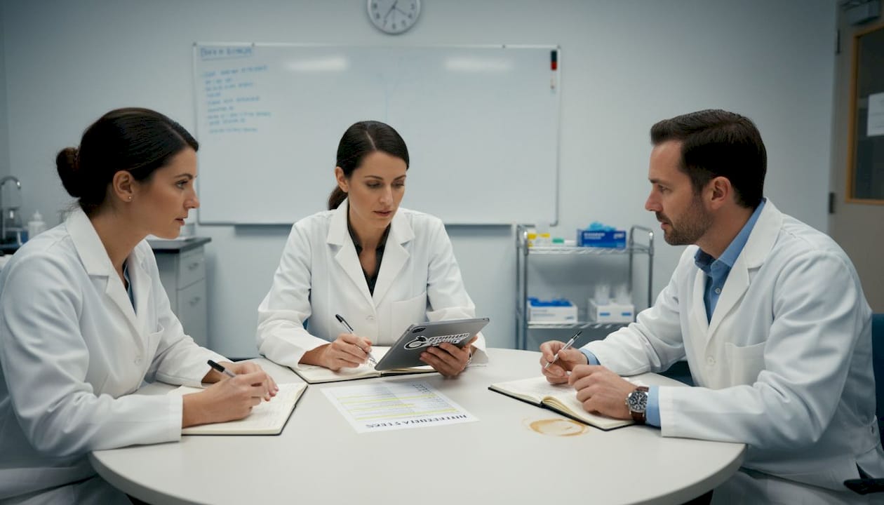 Lab staff collaborate during internal audit meeting